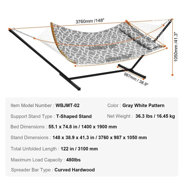 Sturdy hammock with hardwood spreader bars, handcrafted ropes, and powder-coated steel stand