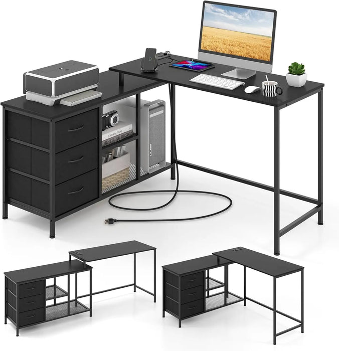 Large Convertible Office Desk with Built-In Power Outlet, 3 Fabric Drawers & Mesh Shelves 205cm
