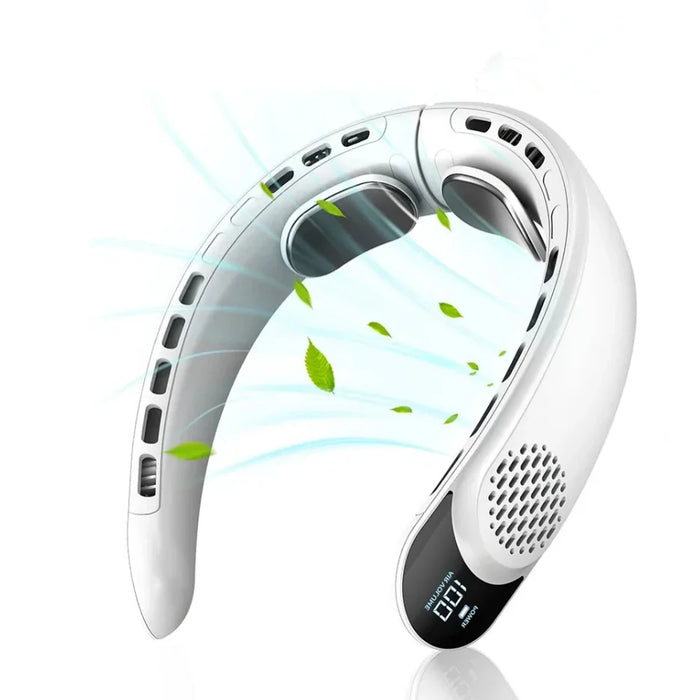 Portable USB Neck Fan, Vaneless, 4000mAh, Digital Display, White, Quiet & Efficient Cooling