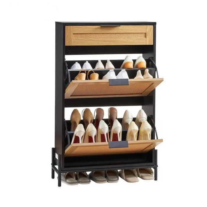 Wooden Slim Shoe Storage Organizer with 2 Flip Rattan Drawers & 1 Slide Drawer