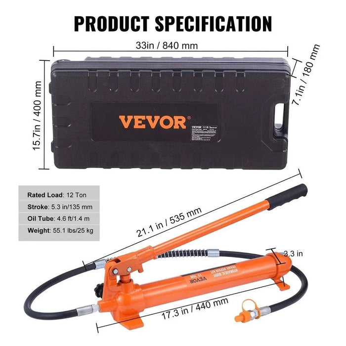 Hydraulic Cylinder Jack Power Frame Repair & Lifting Tool Kit for Automotive and Heavy Equipment (12 Ton) - Essential repair and lifting tool kit for automotive and heavy equipment maintenance and repair