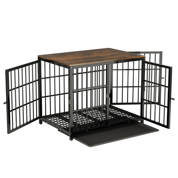 Package includes dog crate, removable tray, instruction manual, and screw accessory set