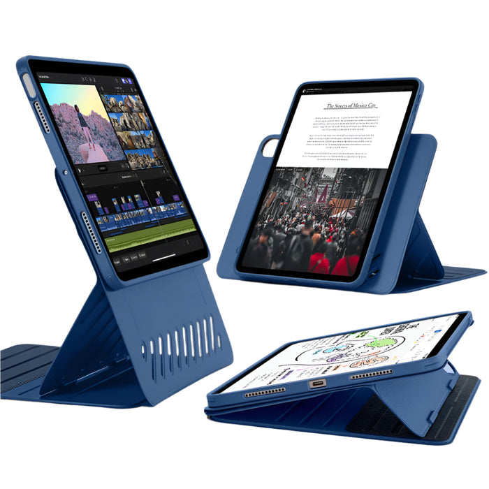 Magnetic navy blue iPad Pro case with adjustable stand for multiple sizes