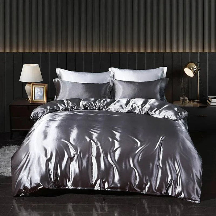 Luxury Satin Bedding Set with Fitted Sheet - High-Density Solid Color Duvet Cover and Pillowcases (Silver grey - 1.8m plus 4pcs) - FLUXA