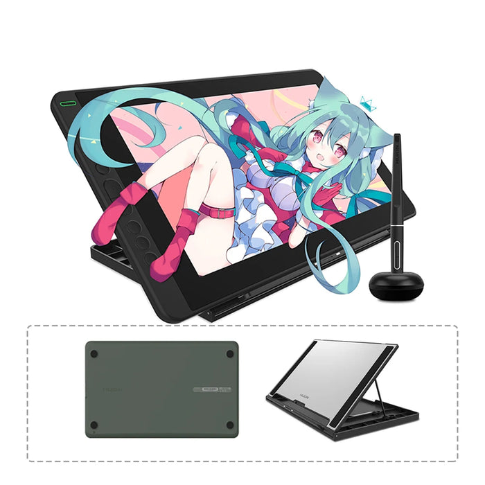 Drawing monitor with pen display and stand, compatible with Android, Windows, Mac OS, in green color