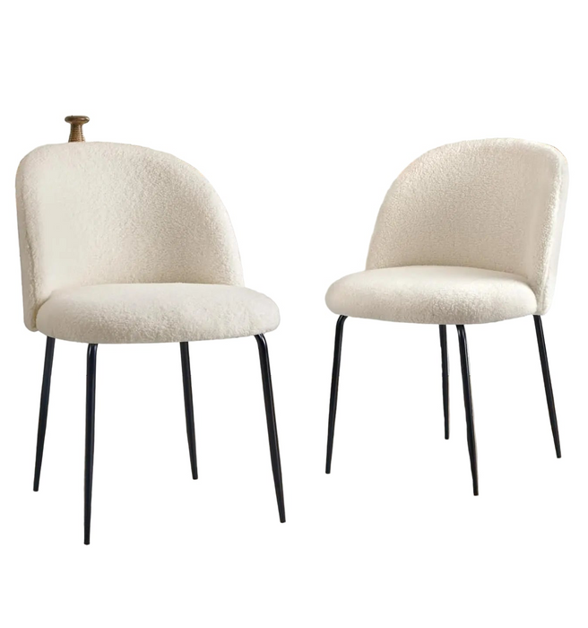 Set of 2 White Sherpa Dining Chairs with Cushioned Back and Metal Legs