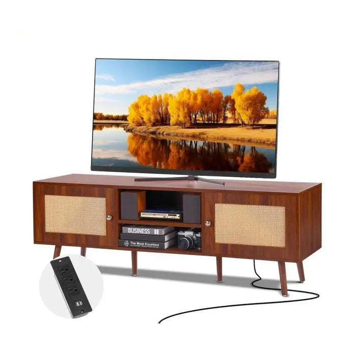 55in Black Rattan TV Stand in Mid Century Modern Style with Adjustable Shelves and Built-in Socket