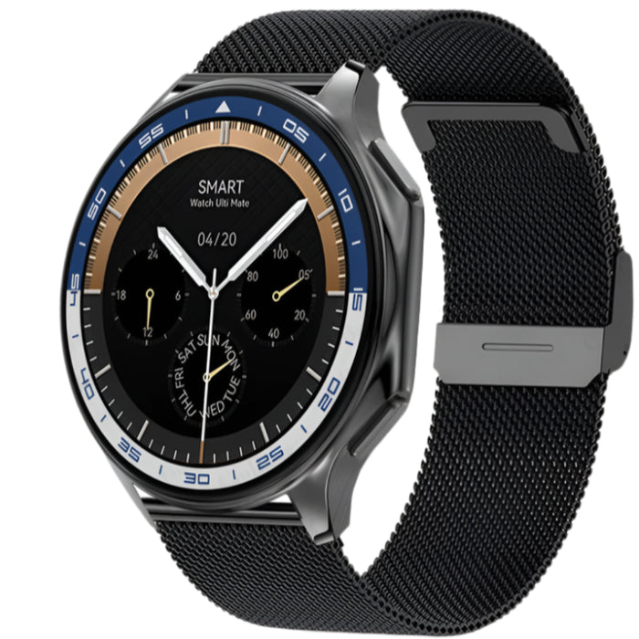 Black Mesh Belt New Smartwatch 32GB AMOLED 14 IP68 Waterproof Bluetooth Call with a 143-inch AMOLED display and Bluetooth call functionality for hands-free communication