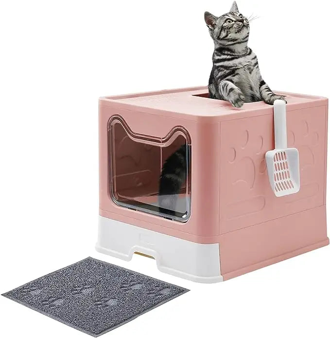 Foldable Large Space Enclosed Cat Litter Box with Lid and Top Entrance