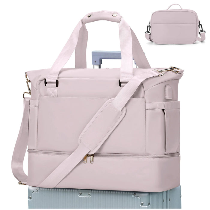 Lightweight pink waterproof travel handbag with separate wet and dry storage compartments