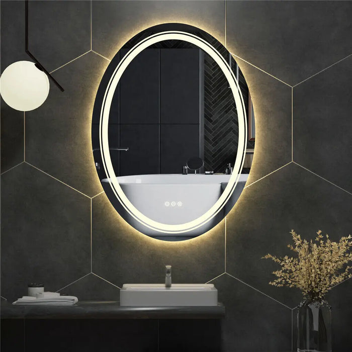 LED bathroom mirror with oval frameless design, 50x70cm, dimming, and defog feature for shower, shaving, and makeup
