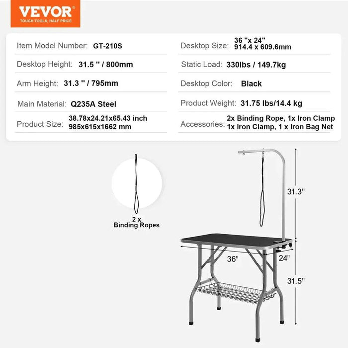 Stainless Steel Grooming Table with Foldable Frame and Iron Clamps