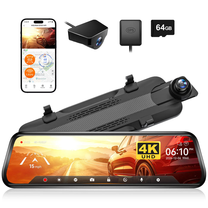 10" 4K Mirror Dash Cam with Rear Camera & GPS