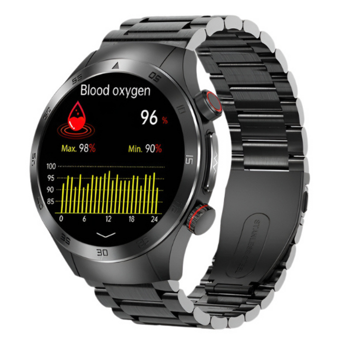 Black Steel Smartwatch with Laser Therapy, ECG Monitor & AMOLED Display