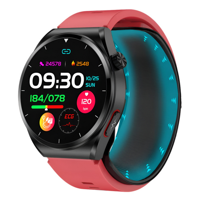 Red Waterproof Fitness Smartwatch with ECG & Uric Acid Monitor