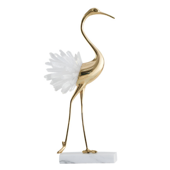 Decorative Swan Statue – Brass Body, Crystal Tail, Marble Base