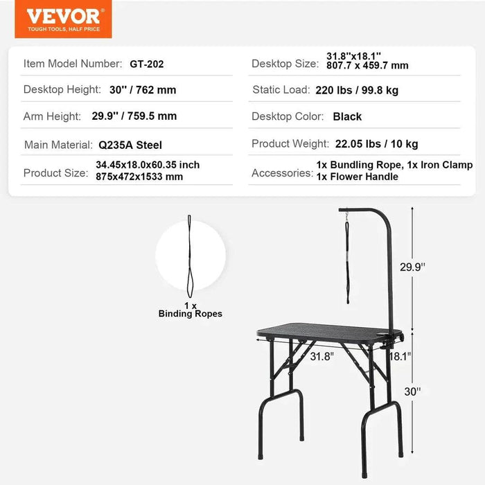 Stainless steel pet grooming table with foldable anti-bend support frame