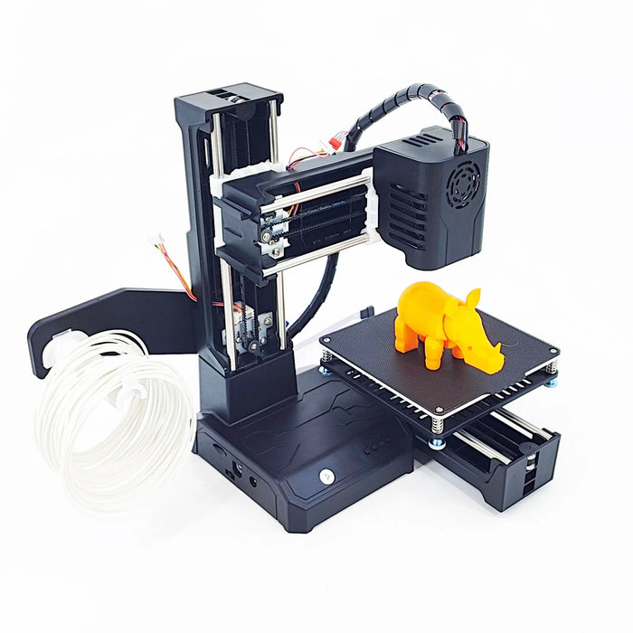 Compact black 3D printer with 100mm x 100mm x 100mm print size