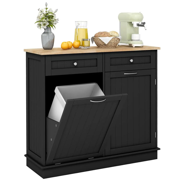 Multi-Use Kitchen Cabinet with Tilt-Out Bin, Rubber Wood Top, 2 Drawers & Adjustable Storage Shelf