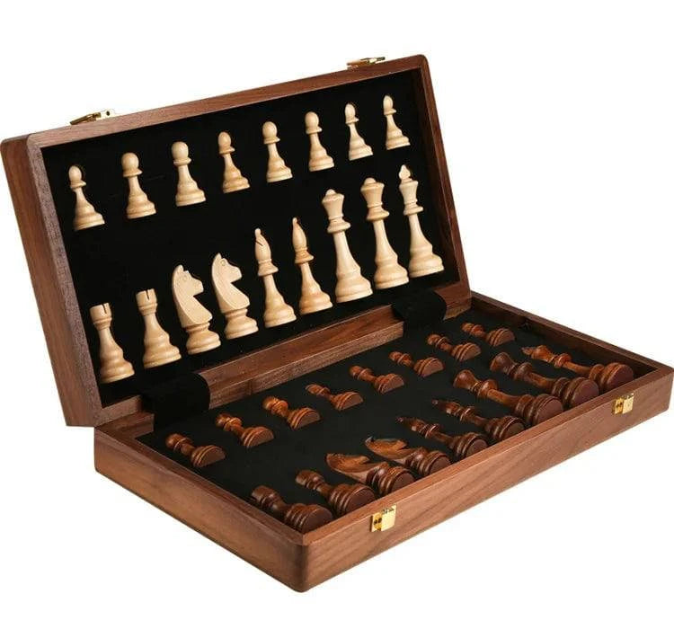 Includes 1 folding wooden chessboard and 32 solid wood pieces