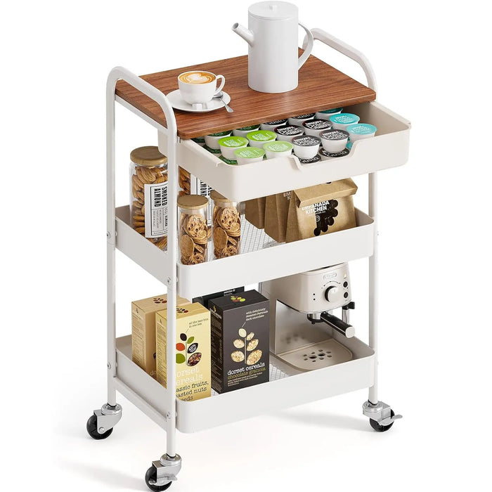 Utility Rolling Cart with Wooden Top & Drawer Metal Storage Trolley for Kitchen or Office