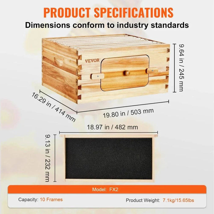 Bee Hive Deep Box Starter Kit made of 100% Beeswax Coated Cedar Wood, Langstroth Design with Transparent Acrylic (1109SC - 10 Frames)