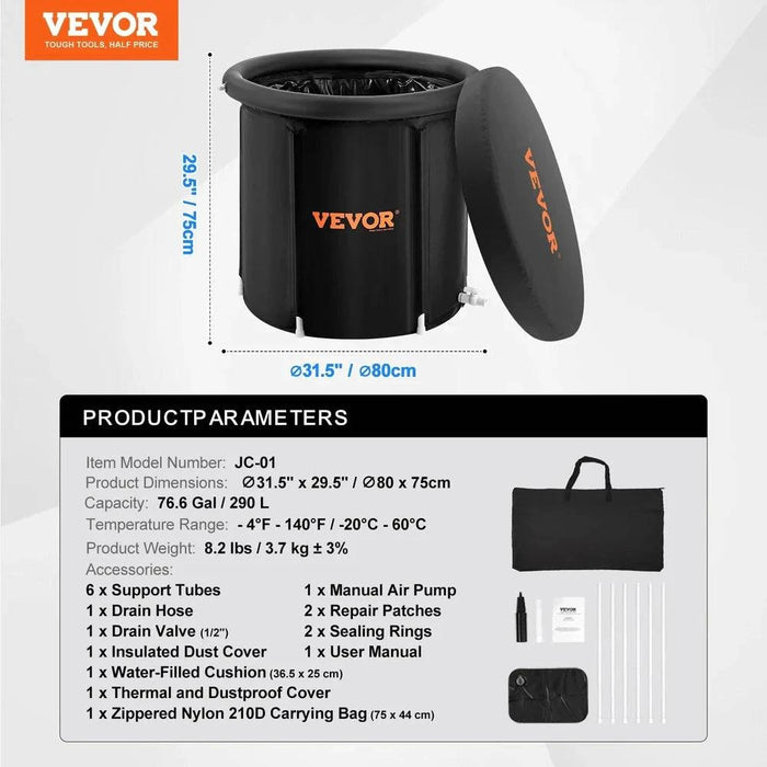 Package includes inflatable ice bath tub, air pump, water cushion, and more