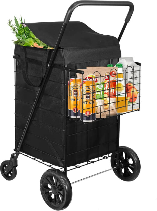 Foldable Shopping Cart with 360° Swivel Wheels Waterproof Liner, Portable Utility Trolley for Everyday Use