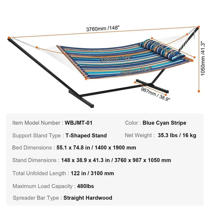 Quilted cotton and polyester hammock with a weight capacity of 218 kg