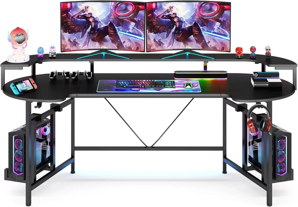 Ergonomic Gaming Desk with RGB Lighting, Monitor Stand & Storage Hooks Black Carbon Fiber Finish