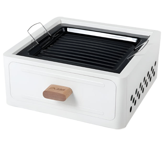 Camping Barbecue Stove Square Charcoal Heater white with black inside alt text:
Portable outdoor camping barbecue stove with white exterior and black interior
