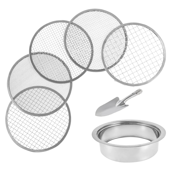 Package includes sieve frame, 5 sieve mesh sizes, and small shovel tool for efficient gardening