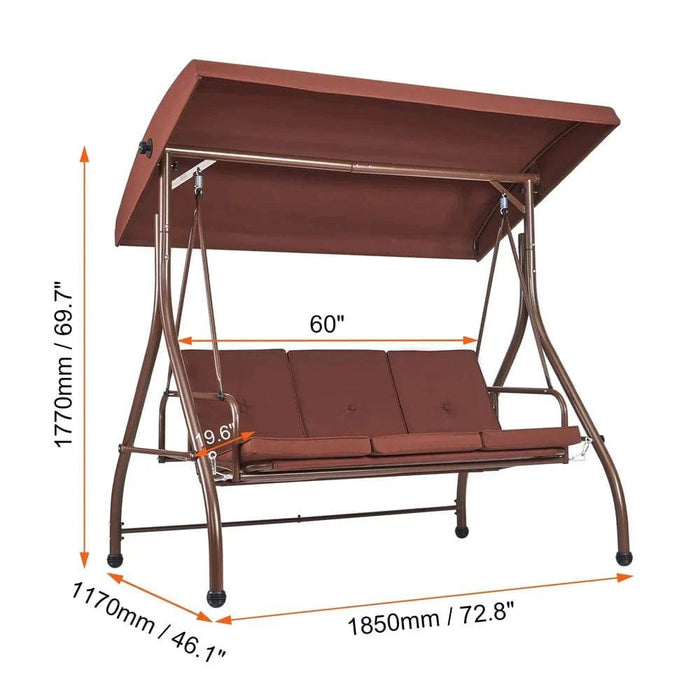 Full view of 3-Seat Outdoor Swing Chair with Adjustable Canopy & Removable Cushion, offering comfort and functionality for outdoor lounging