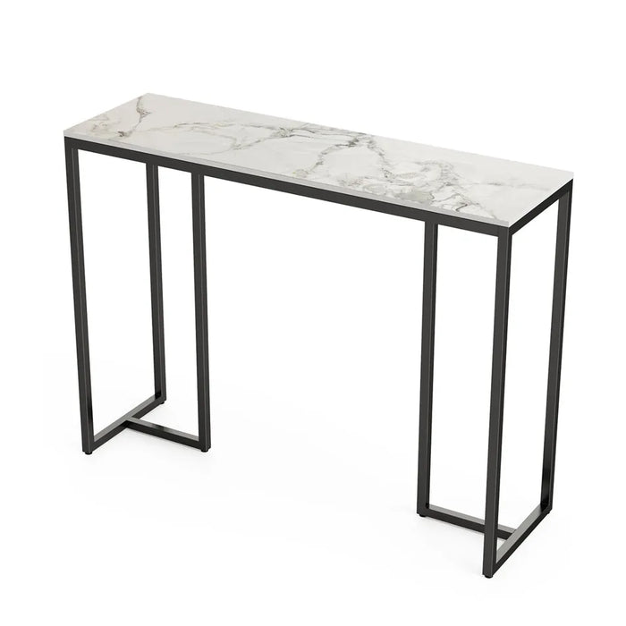 Modern Console Table Dark Marble Entryway Foyer Sofa Table with Black Metal Legs