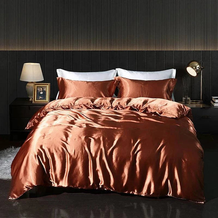 Luxury Satin Bedding Set with Fitted Sheet - High-Density Solid Color Duvet Cover and Pillowcases (Light coffee - 1.2m 4pcs) - FLUXA