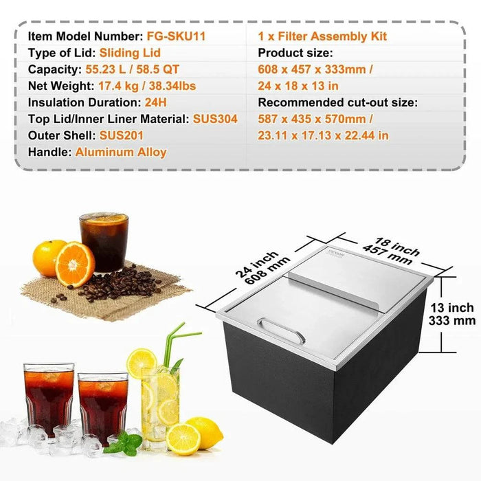Drop-In Stainless Steel Ice Chest Cooler with 24Lx18Wx13H dimensions and durable construction for long-lasting use