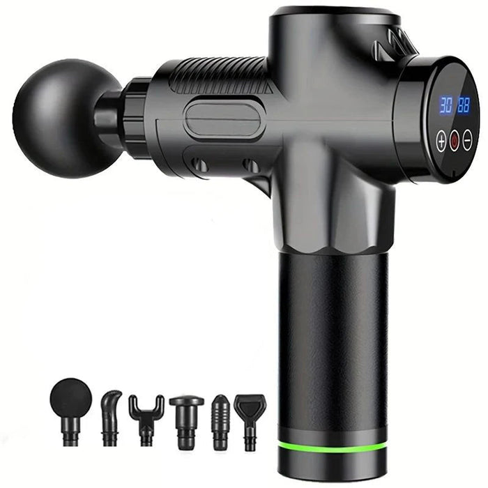 High-frequency massage gun with 30 adjustable speed levels and 6 massage heads