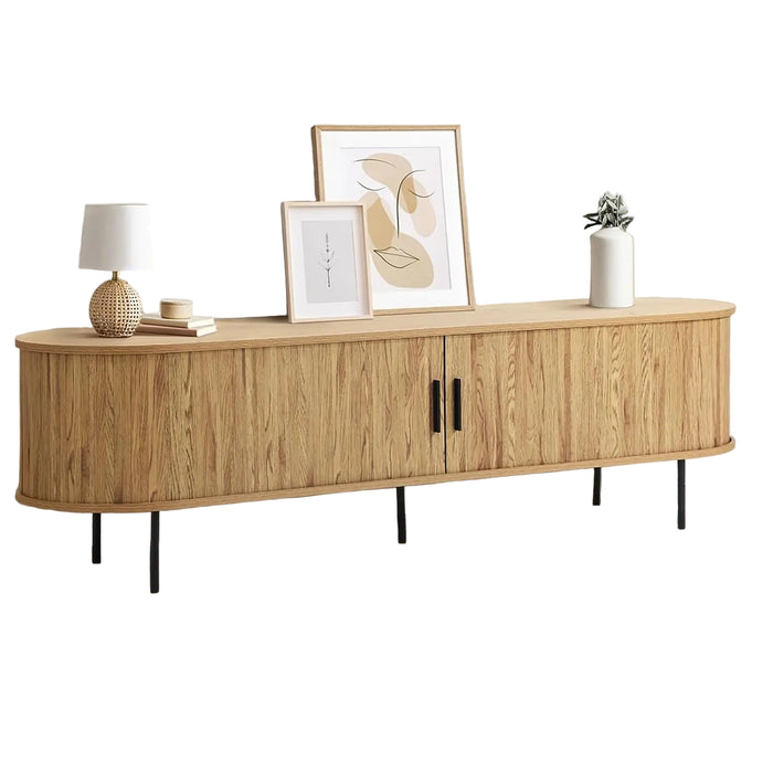 160cm Retro Oak Entertainment Unit with Sliding Tambour Doors and 4 Storage Compartments