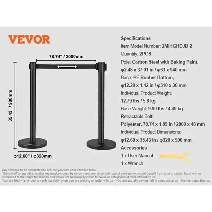 Sturdy Stanchions with Widened Metal Bases, Non-Slip Rubber Bottoms, and 65ft Retractable Belt for Effortless Crowd Control