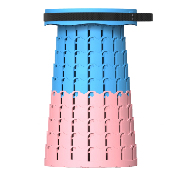 Telescopic portable camping stool in blue and pink, collapsible for easy transport