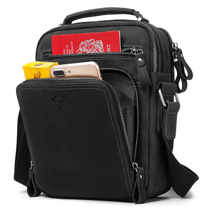 High-quality genuine leather black shoulder bag for work and travel