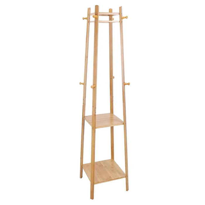 Bamboo coat rack with 8 hooks and 3 shelves, supports up to 44 lbs
