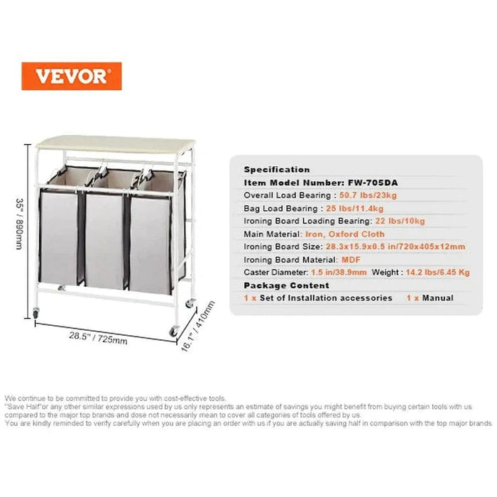 Package includes laundry sorter cart, 3 removable laundry bags, and instruction manual