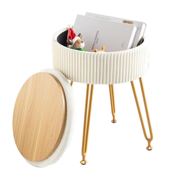Small Round Velvet Makeup Chair Beige Storage Ottoman with Gold Legs, 46cm Tall