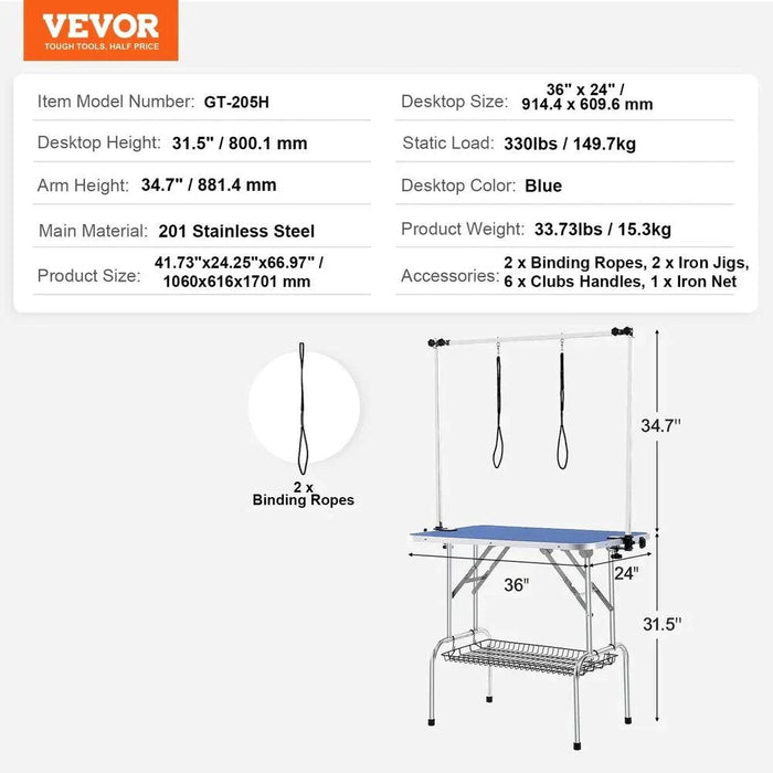 Foldable pet grooming table with two arms and clamp for small to medium dogs