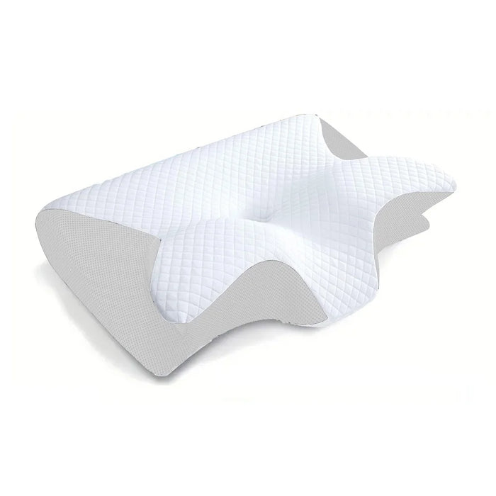 Memory foam neck pillow in white butterfly shape for cervical support and sleep comfort