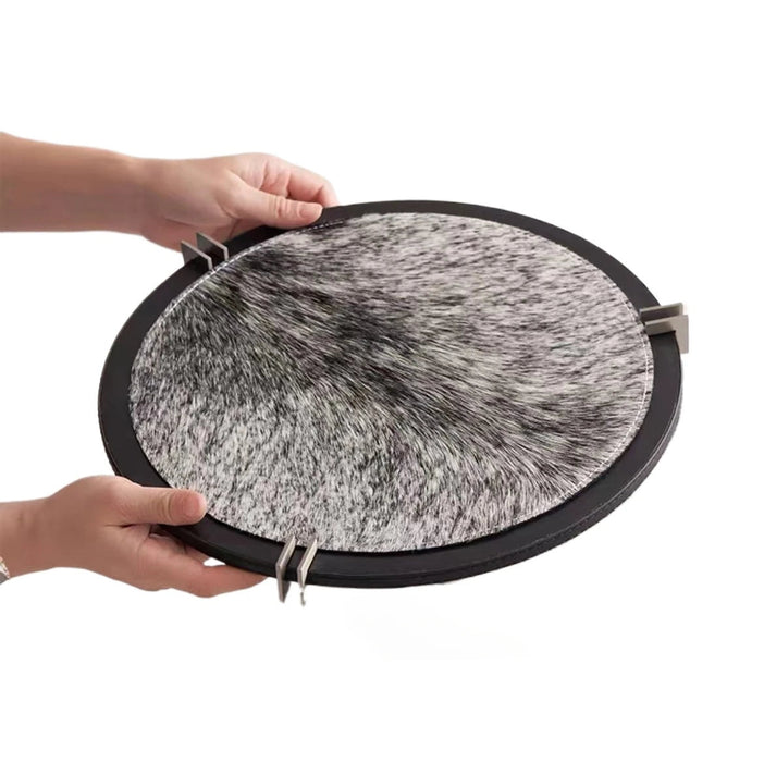 Round Leather Tray with Walnut Base for Modern Home Decor