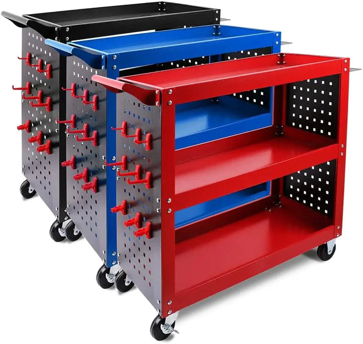Heavy Duty Tool Cart Trolley 150kg Capacity, Pegboard, Swivel Lock Wheels & Side Tool Tray