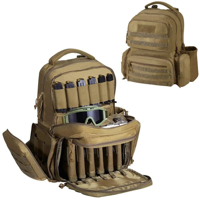 Tactical range backpack with pistol bags, designed to hold 2-6 pistols