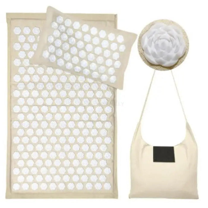 3-Piece Acupressure Yoga Mat Set – Creamy White Linen Massage Cushion & Pillow - Relaxing acupressure yoga mat set for ultimate comfort and relaxation